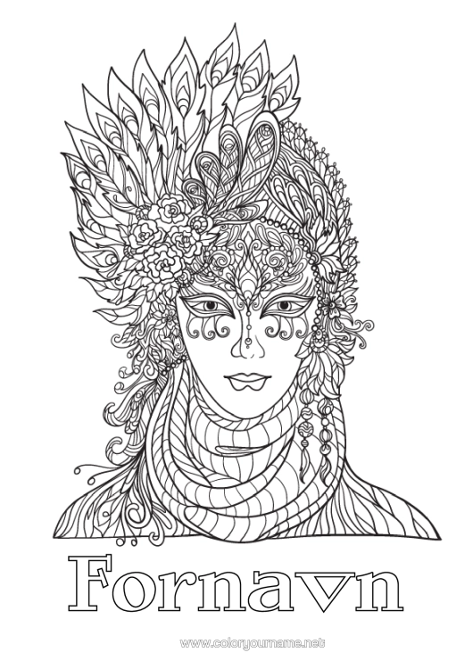 Fargeleggingssiden til utskrift Kostyme Maske Komplekse Fargelegginger