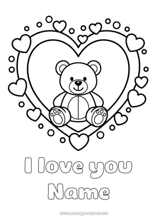 Colouring page to print Bear Heart Cute I Love You. Teddy Bear Big Heart "I Love You" Forest Animals
