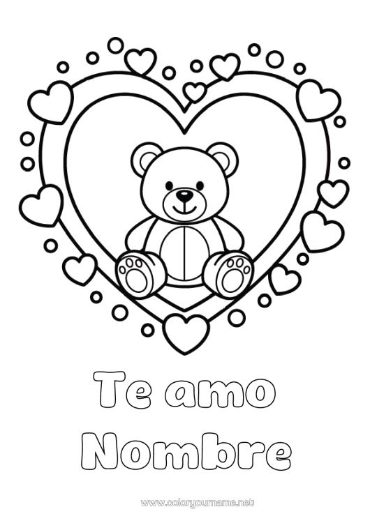 Dibujo para colorear para imprimir Llevar Corazón Kawaii Te Amo Osito Gran Corazón Mensaje "Te Amo" (Español) Animales Del Bosque