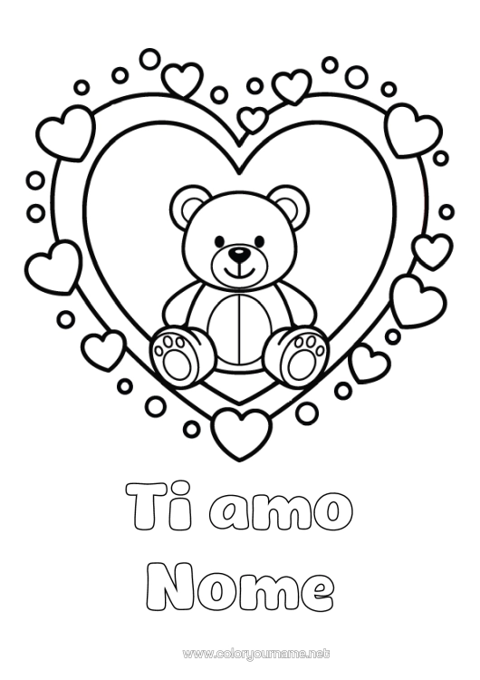 Pagina da colorare da stampare Orso Cuore Kawaii Ti Amo Orsetto Grande Cuore "Ti Amo" (Francese) Messaggio Animali Della Foresta
