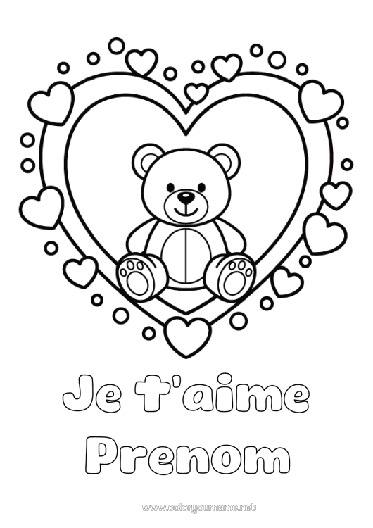 Coloriage à imprimer Ours Coeur Kawaii Je T'aime Ourson Grand Coeur "Je T'aime" (Français) Message Animaux De La Forêt