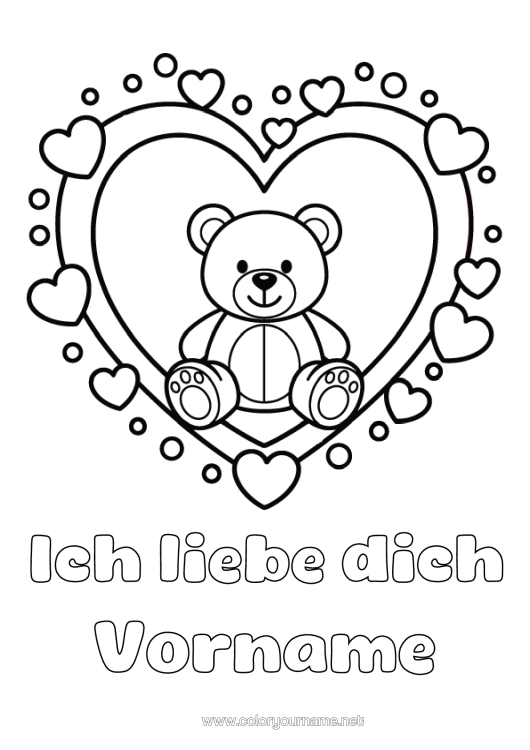 Malvorlage zum Ausdrucken Bär Herz Kawaii Ich Liebe Dich Teddybär Großes Herz "Ich Liebe Dich" (Deutsch) Nachricht Waldtiere