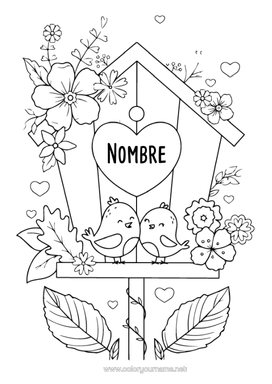 Dibujo para colorear para imprimir Flores Corazón Pájaro Aves Y Mamíferos Voladores Casita Para Pájaros