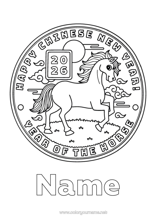 Coloring page to print Horse Chinese New Year Farm Animals Currency Coins 2026
