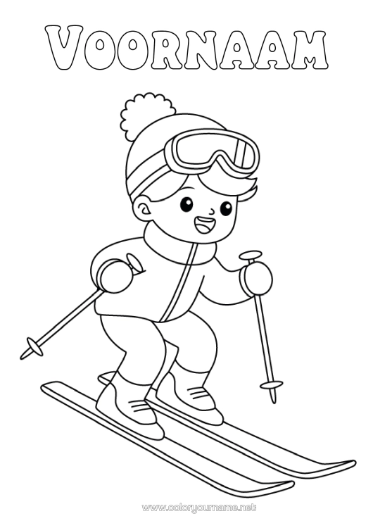 Kleurplaat om af te drukken Winter Jongen Ski Wintersporten Wintermuts