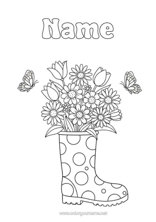 Colouring page to print Flowers Butterfly Insects Boots