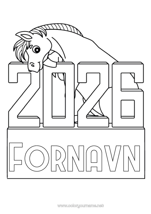 Fargeleggingssiden til utskrift Hest Kinesisk Nyttår Gårdsdyr 2026