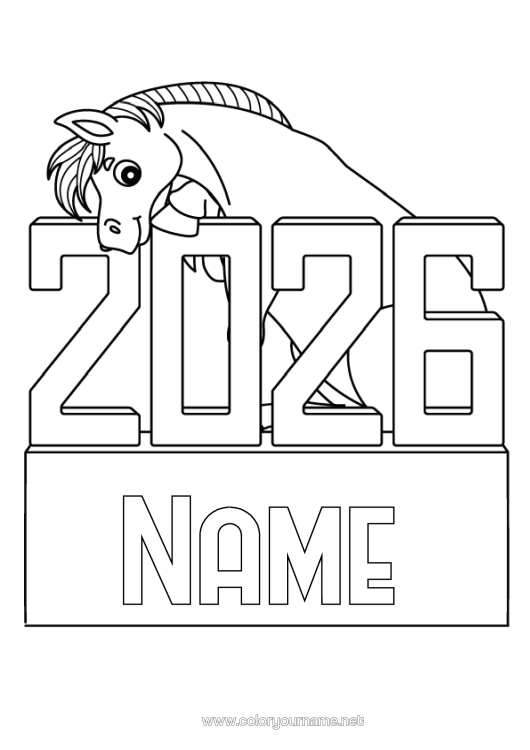 Colouring page to print Horse Chinese New Year Farm Animals 2026