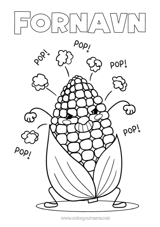 Farvelægningssiden til udskrivning Kawaii Popcorn Grøntsager Slik, Søde Sager Majs