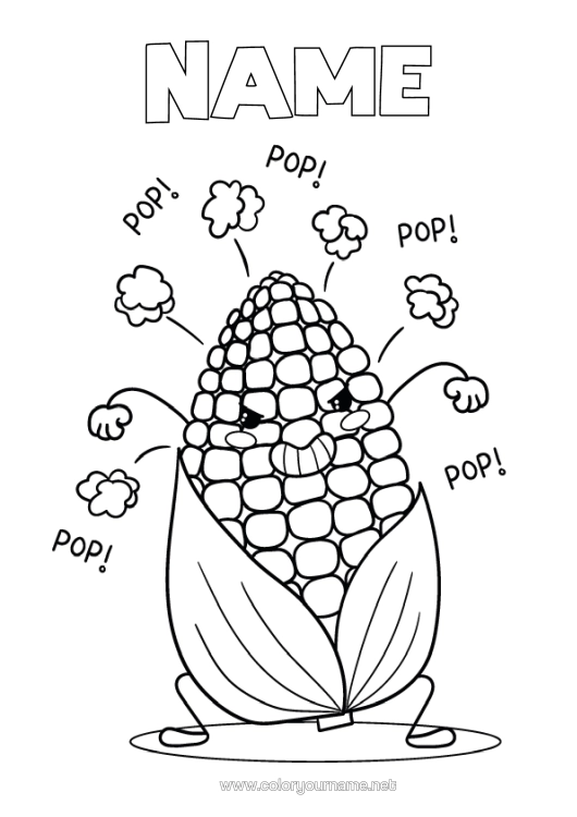 Colouring page to print Cute Popcorn Vegetables Treats, Sweets Corn