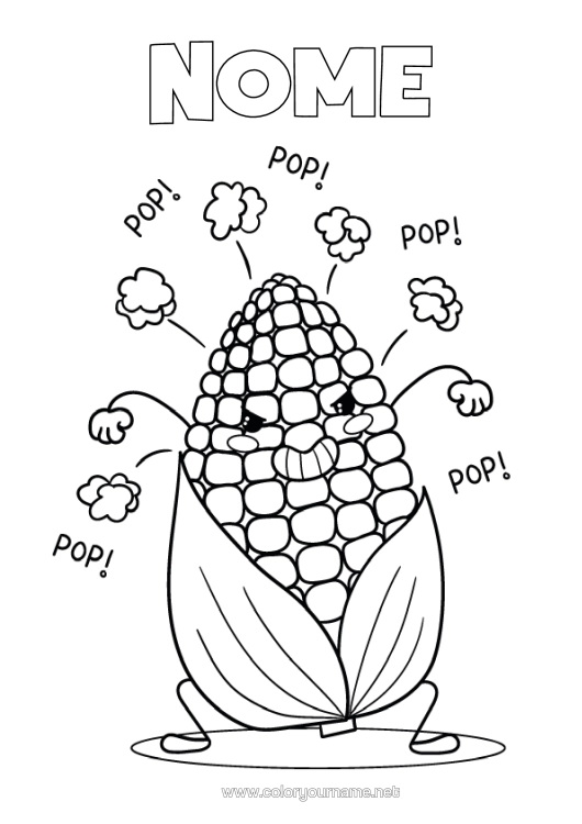 Pagina da colorare da stampare Kawaii Pop Corn Verdure Dolci, Zuccherini Mais