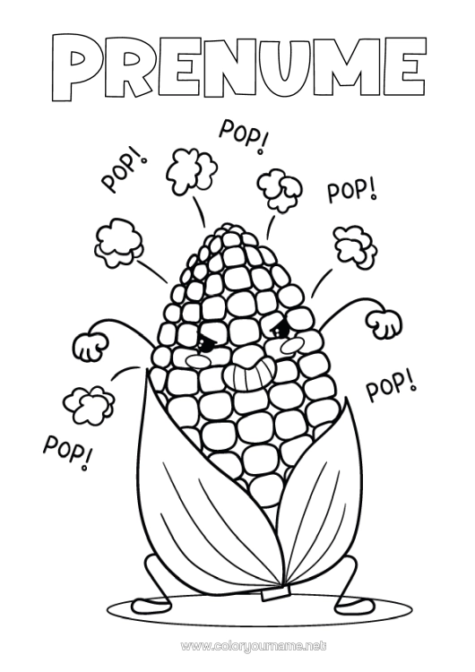 Pagină de colorat de imprimat Drăguț Popcorn Legume Dulciuri, Bunătăți Porumb