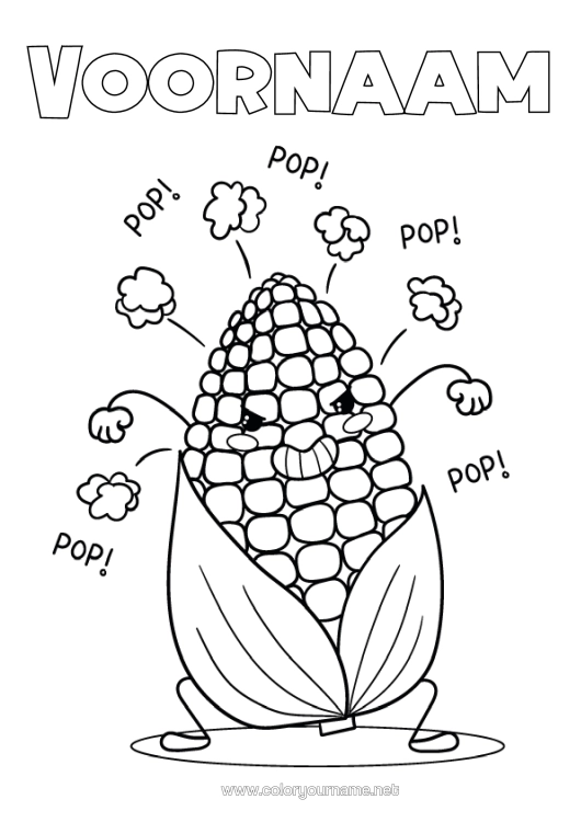 Kleurplaat om af te drukken Kawaii Popcorn Groenten Lekkernijen, Zoetigheden Maïs