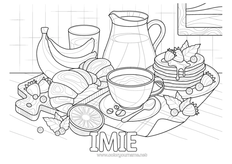 Kolorowanka do wydruku Naleśniki Owoce Kawiarnia Herbata Napój Banan Rogalik Realistyczny Śniadanie