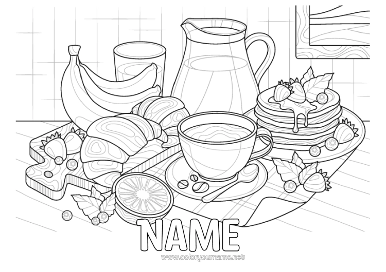 Coloring page to print Pancakes Fruits Coffee Tea Drinks Banana Croissant Realistic Breakfast