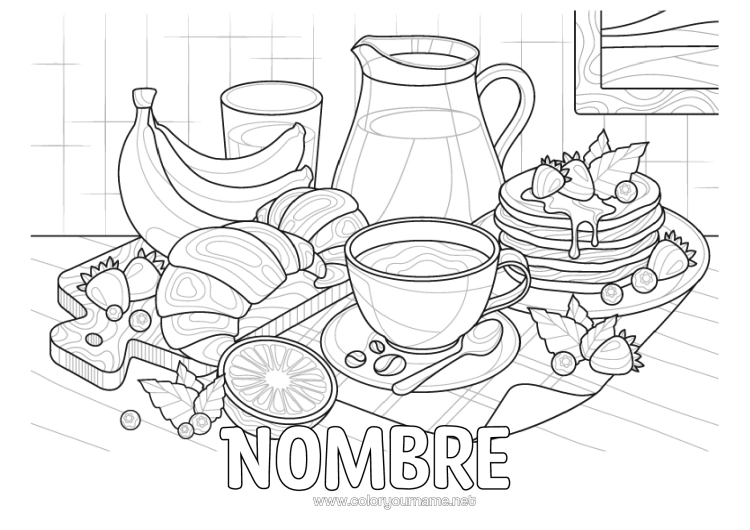 Dibujo para colorear para imprimir Tortitas Frutas Café Té Bebidas Plátano Croissant Realista Desayuno