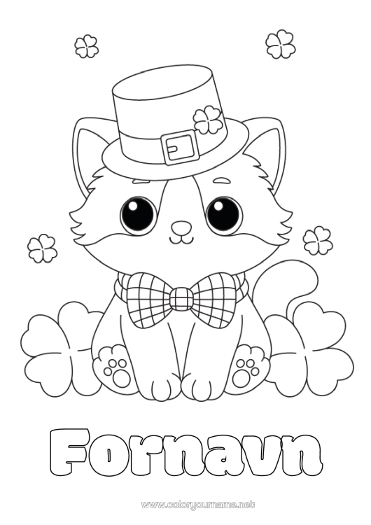 Farvelægningssiden til udskrivning Kat Kawaii Kløver Sankt Patricks Dag Hat Hunde Og Katte