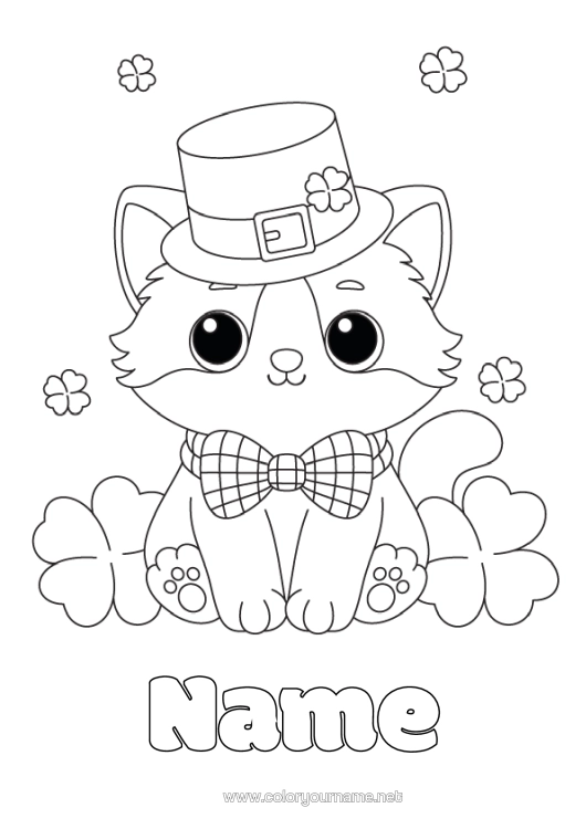 Colouring page to print Cat Cute Animal Clover St Patrick's Day Hat Dogs And Cats