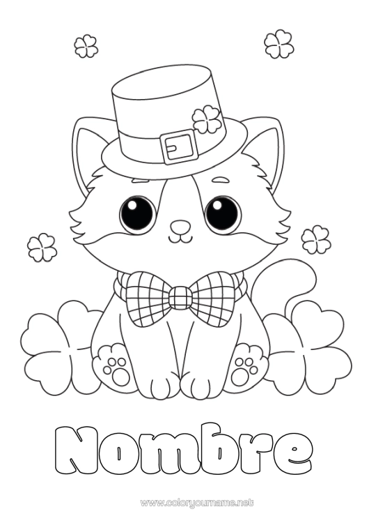 Dibujo para colorear para imprimir Cat Kawaii Trébol Día De San Patricio Sombrero Perros Y Gatos