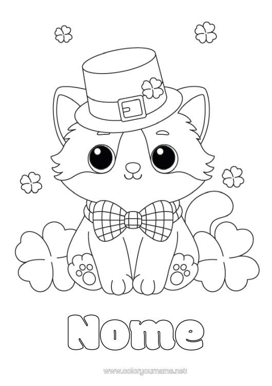 Pagina da colorare da stampare Gatto Kawaii Trifoglio Festa Di San Patrizio Cappello Cani E Gatti
