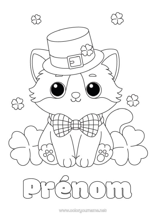 Coloriage à imprimer Chat Kawaii Trèfle Fête De La Saint Patrick Chapeau Chiens Et Chats