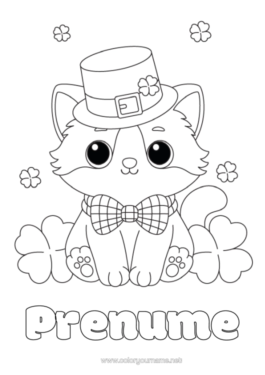 Pagină de colorat de imprimat Pisică Drăguț Trifoi Sărbătoarea Sfântului Patrick Pălărie Câini Și Pisici