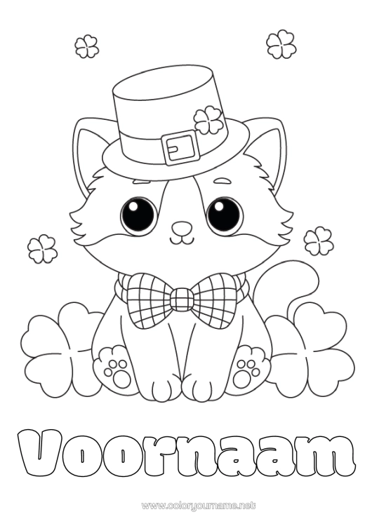 Kleurplaat om af te drukken Kat Kawaii Klaver Saint Patrick's Day Hoed Honden En Katten