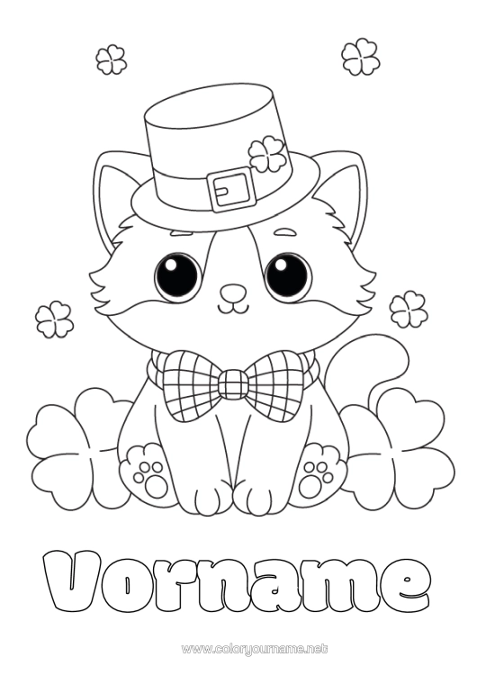 Malvorlage zum Ausdrucken Katze Kawaii Kleeblatt St. Patrick's Day Hut Hunde Und Katzen