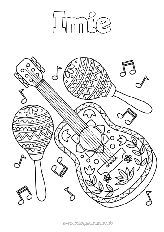 Kolorowanka do wydruku Święto Muzyki Gitara Marakasy Instrumenty Muzyczne