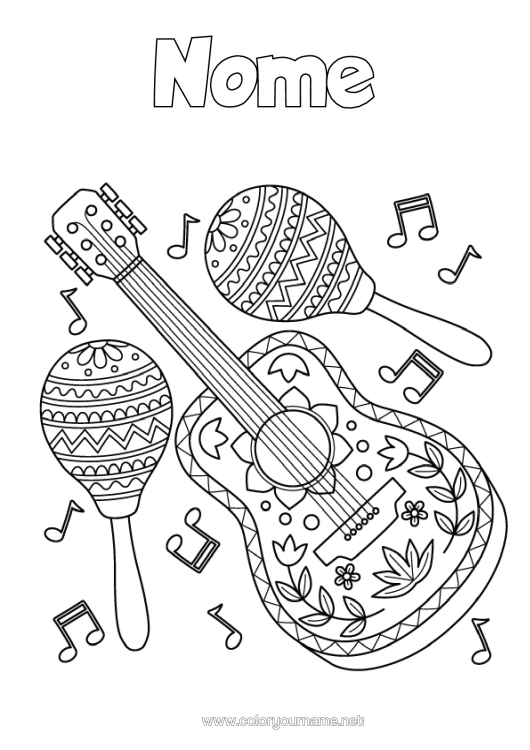 Página de desenho para imprimir Festa Da Música Guitarra Maracas Instrumentos Musicais