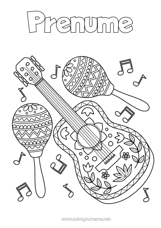 Pagină de colorat de imprimat Sărbătoarea Muzicii Chitară Maracas Instrumente Muzicale