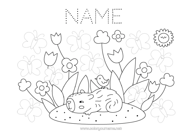Colouring page to print Flowers Spring Butterfly Children's Activities Animal Tulip Trace And Colour. Insects Other Animals Of The World Capybara