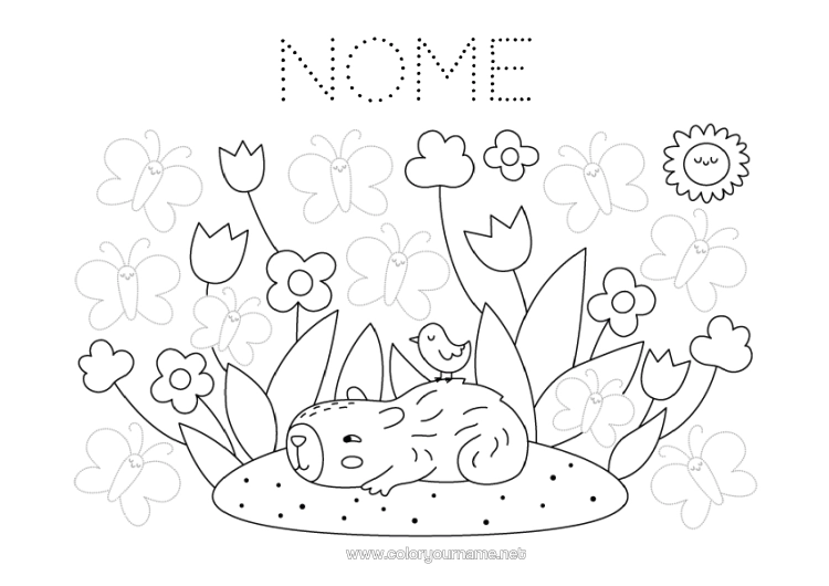 Página de desenho para imprimir Primavera Borboleta Atividades Para Crianças Tulipa Rastreie E Pinte Insetos Outros Animais Do Mundo Capivara