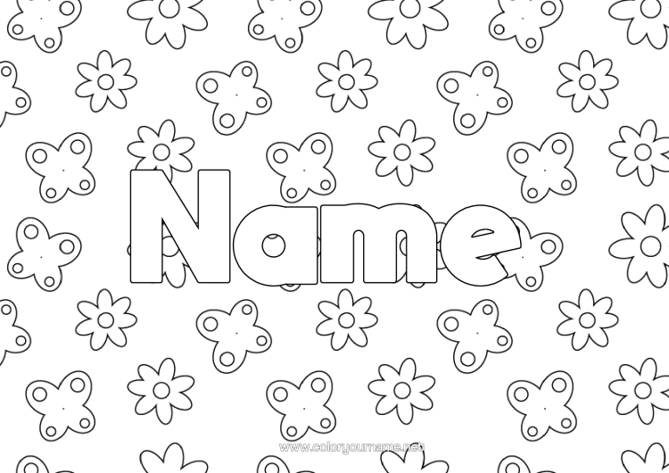 Colouring page to print Flowers Spring Butterfly Insects Decorative Background