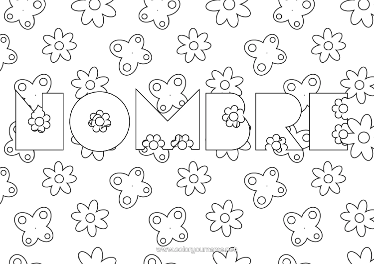 Dibujo para colorear para imprimir Flores Primavera Mariposa Insectos Fondo Decorativo