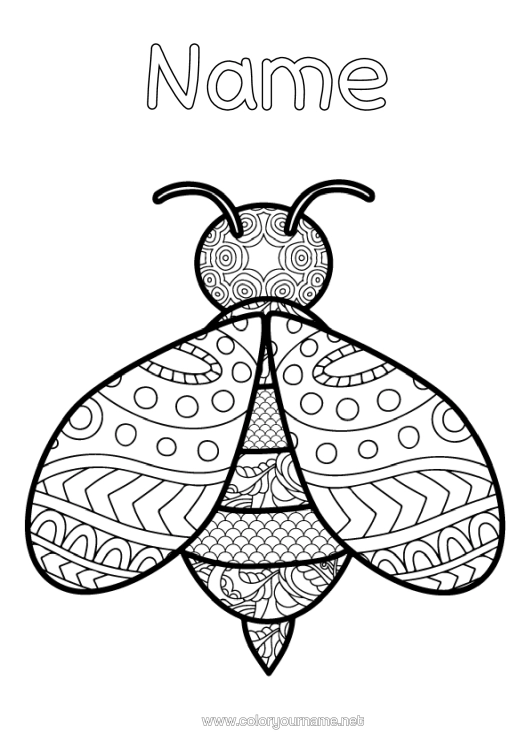 Colouring page to print Animal Bee Zentangle Insects