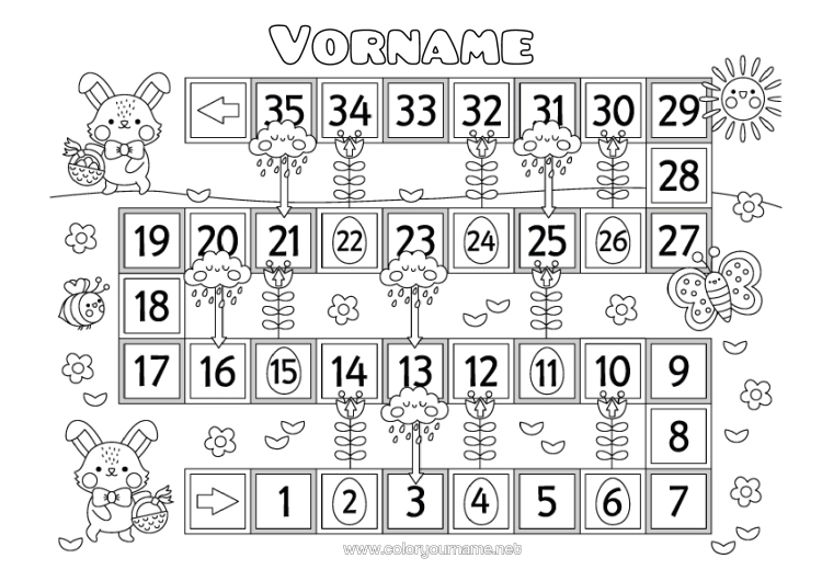 Malvorlage zum Ausdrucken Frühling Hase Kinderaktivitäten Waldtiere Adventskalender Gänsespiel Papier-Spielzeug