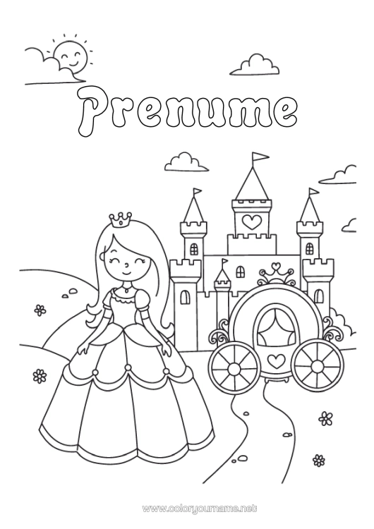 Pagină de colorat de imprimat Castel Prințesă Poveste Cu Zâne Trăsuri Și Căruțe Vehicule Istorice Sau Vintage