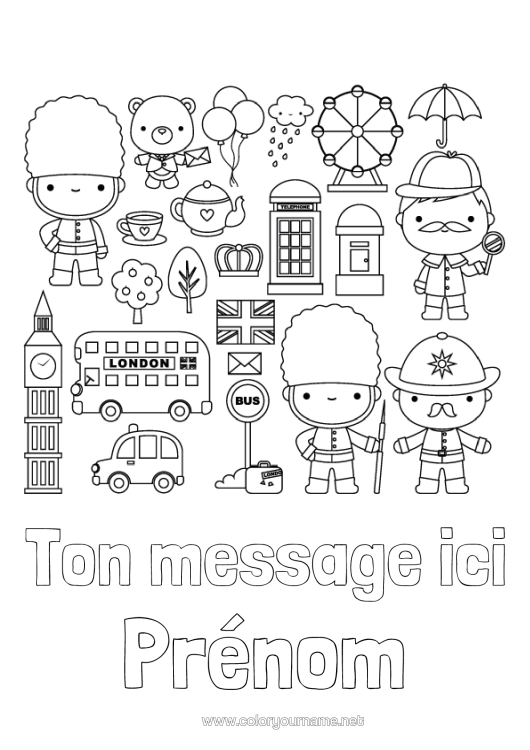 Coloriage à imprimer Kawaii Londres Royaume-Uni Drapeau Bus, Car Thé Boisson Symboles Transport En Commun Terrestres Monument Couverture De Cahier Garde