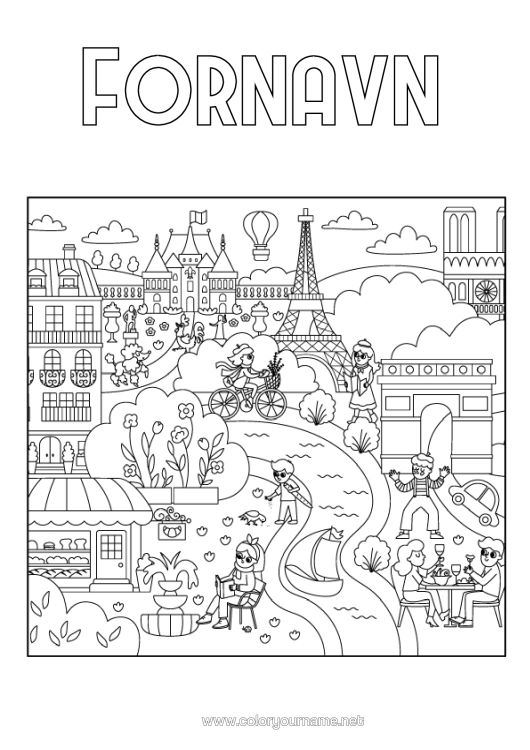 Farvelægningssiden til udskrivning Frankrig Eiffeltårnet Triumfbuen Paris Monument Verdensby