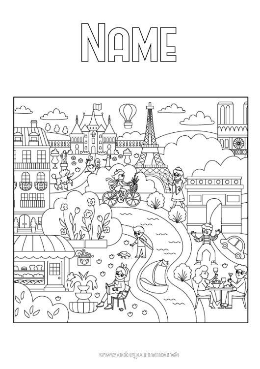 Coloring page to print France Eiffel Tower Arc De Triomphe Paris Monument City Of The World