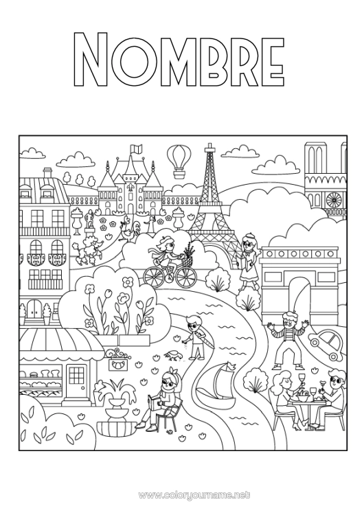 Dibujo para colorear para imprimir Francia Torre Eiffel Arco Del Triunfo Paris Monument Ciudad Del Mundo