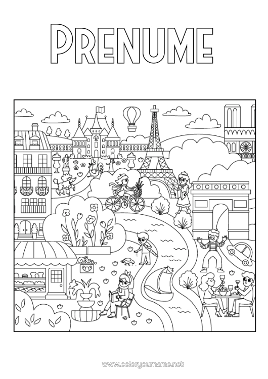 Pagină de colorat de imprimat Franța Turnul Eiffel Arcul De Triumf Paris Monument Orașul Lumii