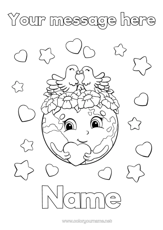 Colouring page to print Heart Bird Ecology Earth Earth Day Birds And Flying Mammals Globe World Map