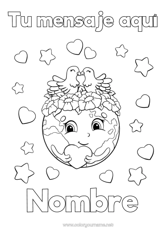 Dibujo para colorear para imprimir Corazón Pájaro Ecología Tierra Día De La Tierra Aves Y Mamíferos Voladores Globo Terráqueo Mapa Del Mundo