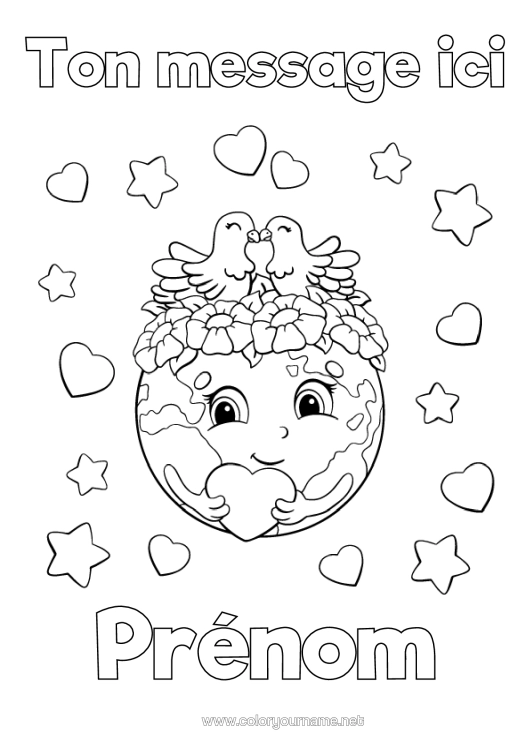 Coloriage à imprimer Coeur Oiseau Écologie Terre Jour De La Terre Oiseaux Et Mammifères Volants Globe Terrestre Carte Du Monde
