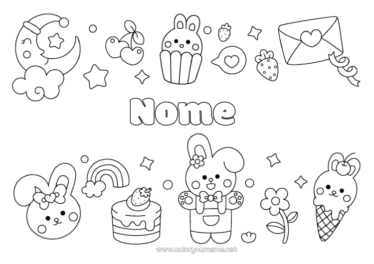Página de desenho para imprimir Bolo Kawaii Coelho Arco-Íris Cereja Envelope Lua Frutas Guloseimas, Doces Sorvete Cupcake Animais Da Floresta
