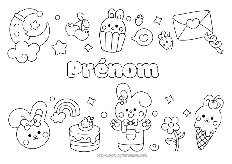 Coloriage à imprimer Gâteau Kawaii Lapin Arc En Ciel Cerise Enveloppe Lune Fruits Gourmandises, Sucreries Glace Cupcake Animaux De La Forêt