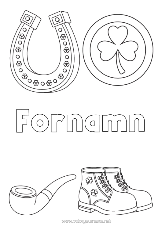 Färgläggningssida att skriva ut Tur Klee Irland Hästsko Sankt Patriks Fest Symboler Sko Delar