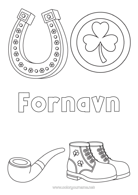 Farvelægningssiden til udskrivning Chance Kløver Irland Hestesko Sankt Patricks Dag Symboler Sko Dele